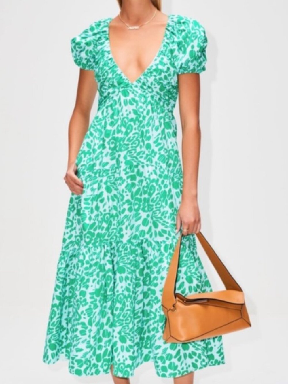 LA LIGNE Plunge-Neck Animal-Print Cotton Midi Dress, Puff Sleeve - Womens Large